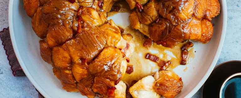 White Round baking dish with Maple Bacon Monkey Bread