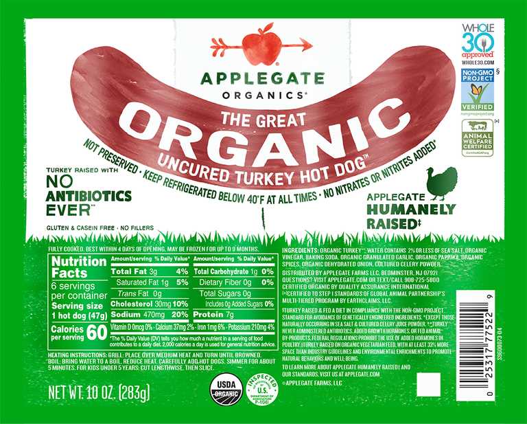Applegate Organics® The Great Organic Uncured Turkey Hot Dog™ Front 