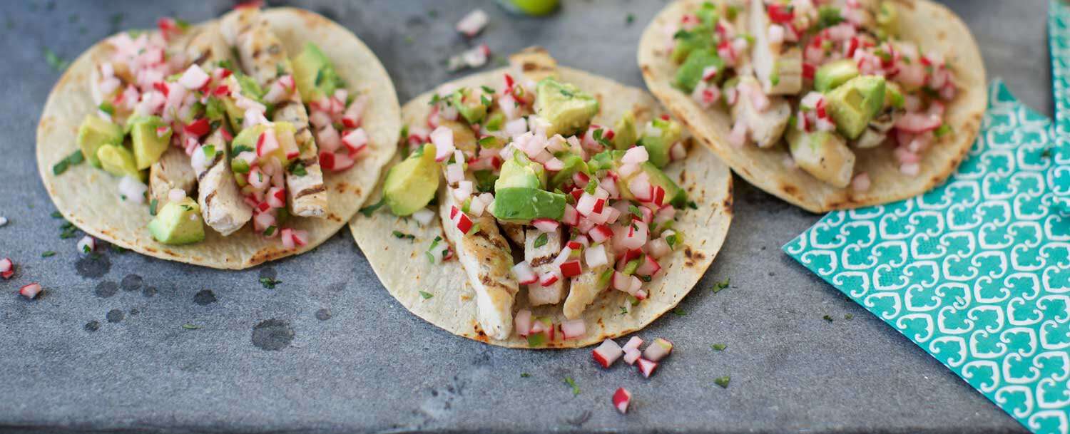 Grilled Chicken Tacos With Radish Salsa And Avocado