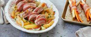 Bacon Wrapped Pork Tenderloin With Apples And Onions