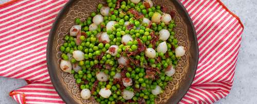 Side dish of Peas with Pearl Onions and Prosciutto