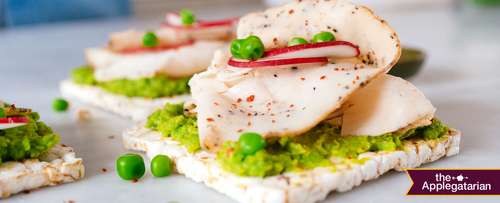 Oven Roasted Turkey with Smashed Peas and Radishes  on a rice cracker