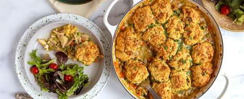 Chicken Pot Pie with Bacon Cheddar Biscuits 