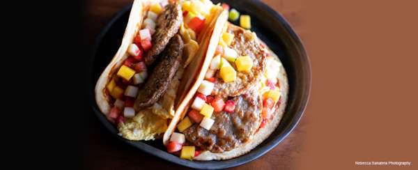 Pancake Tacos With Chicken And Maple Sausage Patties And Fruit Salsa