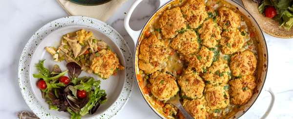 Chicken Pot Pie with Bacon Cheddar Biscuits 